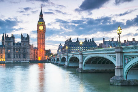 view of Big Ben, Palace of Westminster across the river Thames in London, UK